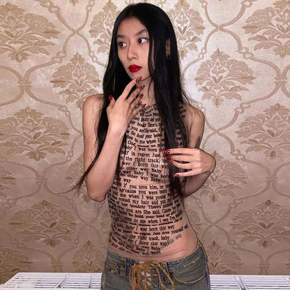 Fashion Trendy Round Collar Sleeveless Tank Mesh Sexy Article Print Slim Casual Top Women Hipster Wear SS69