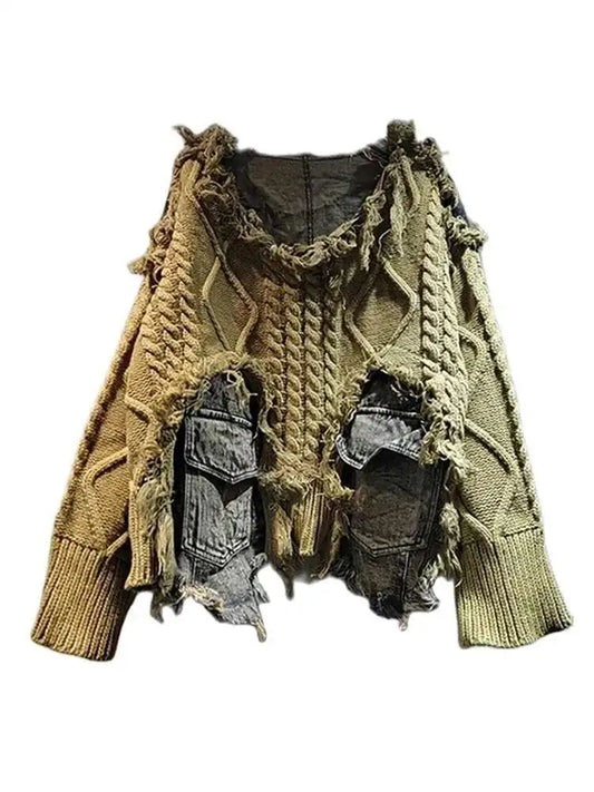 DEAT Women's Patchwork Denim Pullover Sweater, Long Sleeve Loose Knit Top