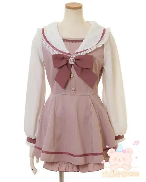 Geyalovvy Women's Lolita Sailor Collar Plaid Rhinestone Bow Two-Piece Set