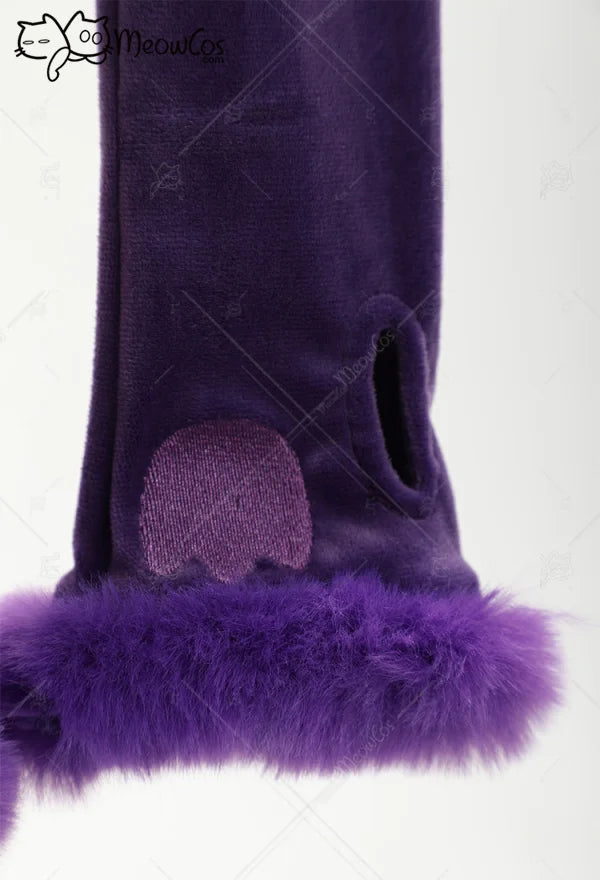 Meowcos Women Genga Cosplay Costume Halloween Purple Ghost Romper Bodysuit Plush Hooded and Socks with Belt and Tail