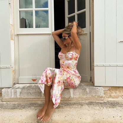 New Floral Suspender Split Slim Sleeveless Patry Beach Style Spaghetti Strap Dress Women Clothes Mini Dress 2024 Summer SS69