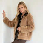PUAL Women's Fuzzy Fleece Zip-Up Jacket with High Collar & Big Pockets
