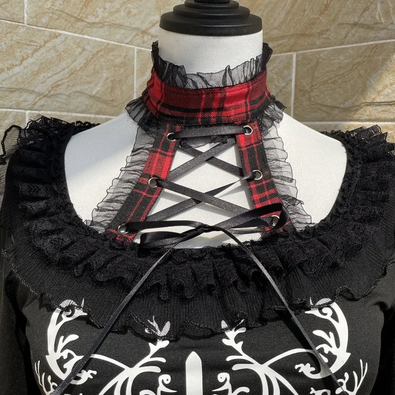 Japanese Gothic Woman Tshirts Y2k Tops Slim Waist Bandage Tees Patchwork Lace Print Long Sleeve Black T Shirt 2025 Ropa Mujer SS69