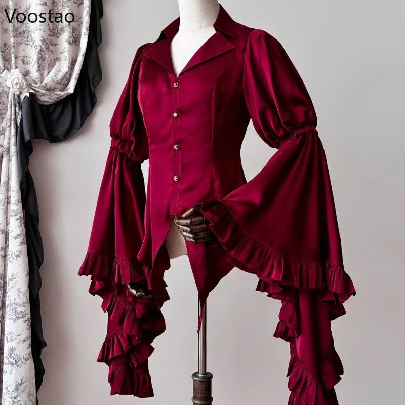 Japanese Vintage Elegant Lolita Shirt Women Victorian Gothic Flare Sleeve Blouses Female Y2k Aesthetic Casual Retro Tops Blusas SS69
