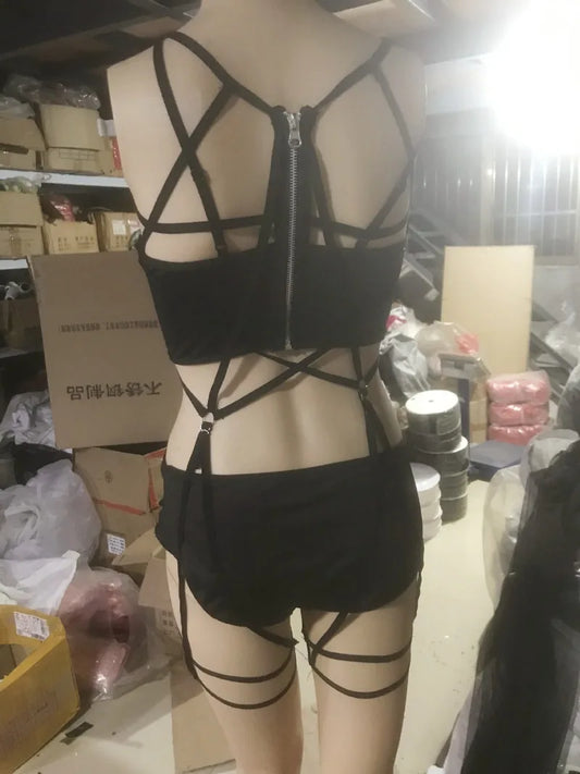 AltGoth Gothic Nightclub Sexy Skirt Set Women See Through Mesh Backless Crop Tops Emo Alt Punk High Waist Underpants Skirt 3pcs