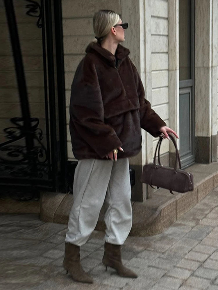 Mueyeruho 2026 Autumn Winter Women Faux Mink Fur Sweatshirt Pullover Solid Brown Streetwear Warm Long Sleeve Plush Fluffy Jacket