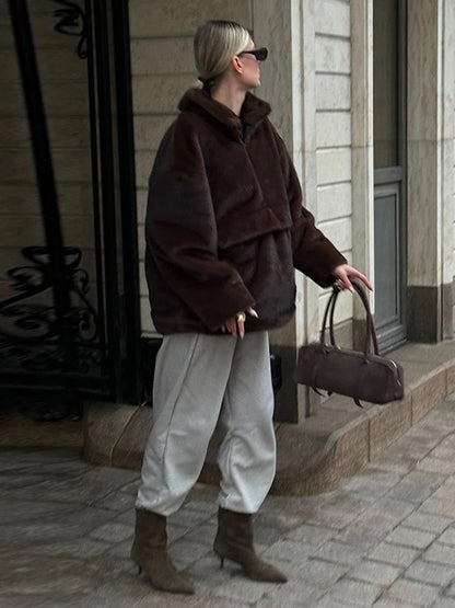 Mueyeruho 2026 Autumn Winter Women Faux Mink Fur Sweatshirt Pullover Solid Brown Streetwear Warm Long Sleeve Plush Fluffy Jacket