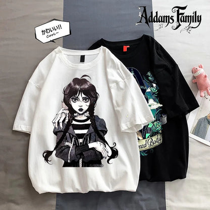 Wednesday Addams Women Casual T-shirt Summer Adult Cartoon Printed Tee Tops Girls Round Neck Clothing Short Sleeve Fashion Gifts SS69