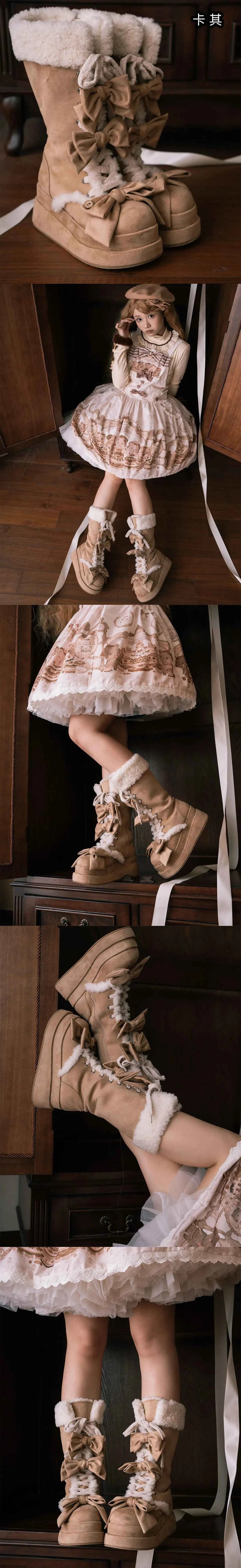 Lolita Winter Calf Boots Original Cute Bow Women's Warm Snow Boots Plush Warm Girl Female Suede Long Fur Boots