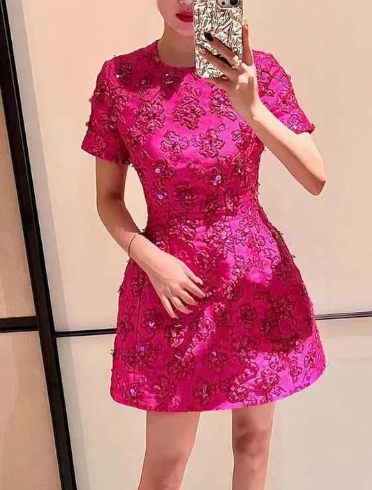 HIGH STREET Newest 2024 Designer Fashion Stylish Dress Women's Beaded Floral Jacquard Trimmed Dress