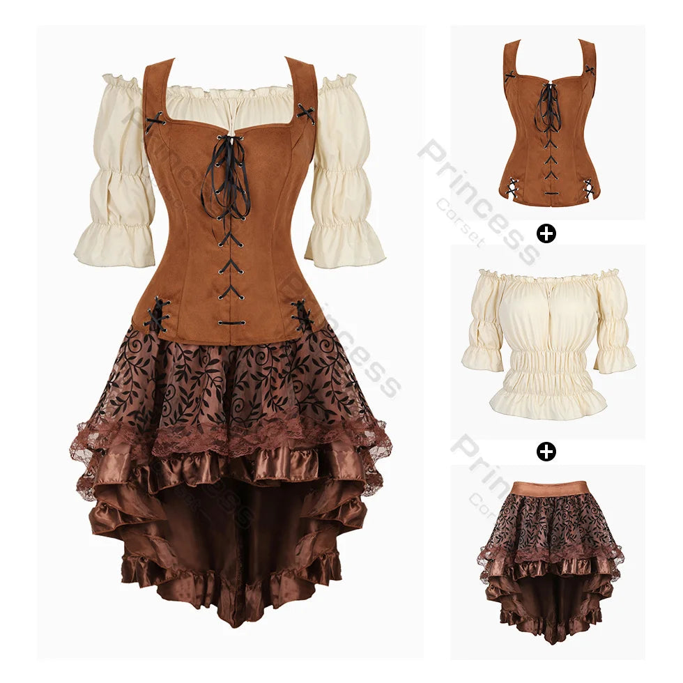 Brown Pirate Dress Plus Size Faxu Leather Steampunk Corset Dress with Shoulder Off Blouse Cosplay Pirate Costume for Women SS69