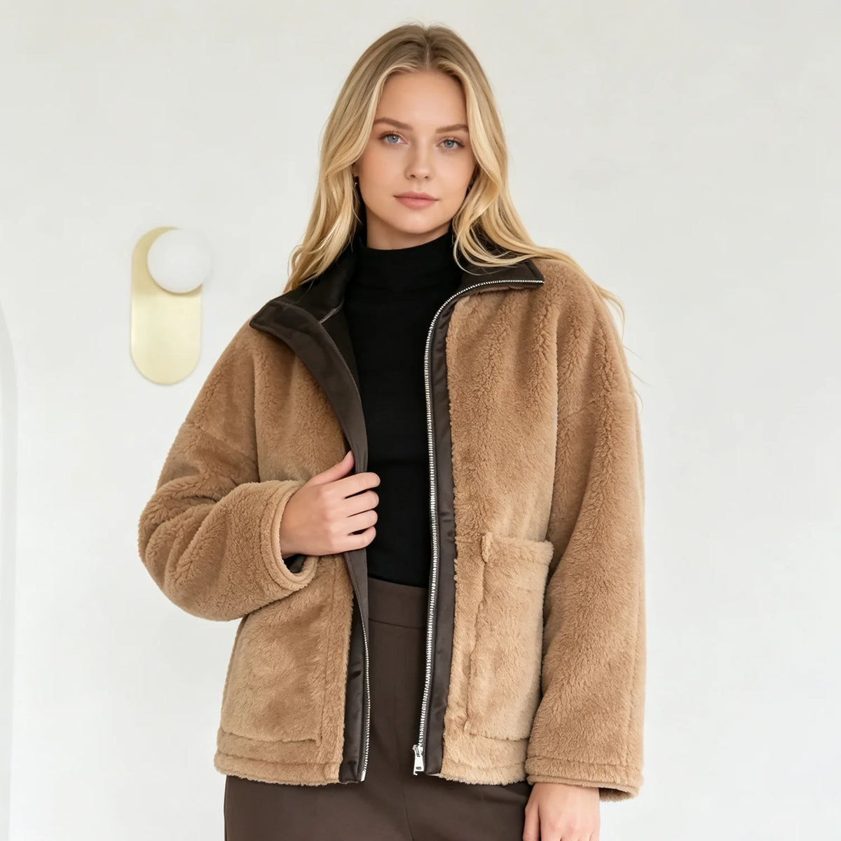 PUAL  2026 new fuzzy fleece zip up jacket, high collar, big pockets, warm casual short outerwear, cozy winter women plush coat