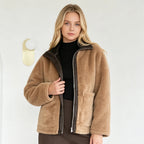 PUAL Women's Fuzzy Fleece Zip-Up Jacket with High Collar & Big Pockets