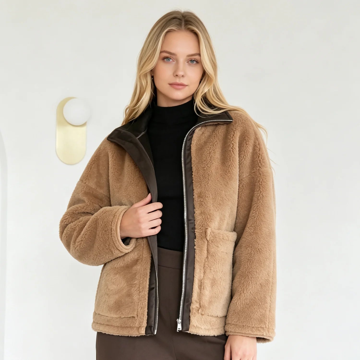 PUAL Women's Fuzzy Fleece Zip-Up Jacket with High Collar & Big Pockets