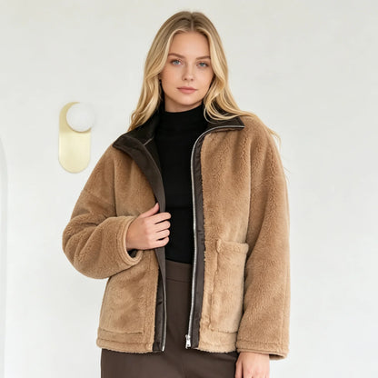PUAL  2026 new fuzzy fleece zip up jacket, high collar, big pockets, warm casual short outerwear, cozy winter women plush coat