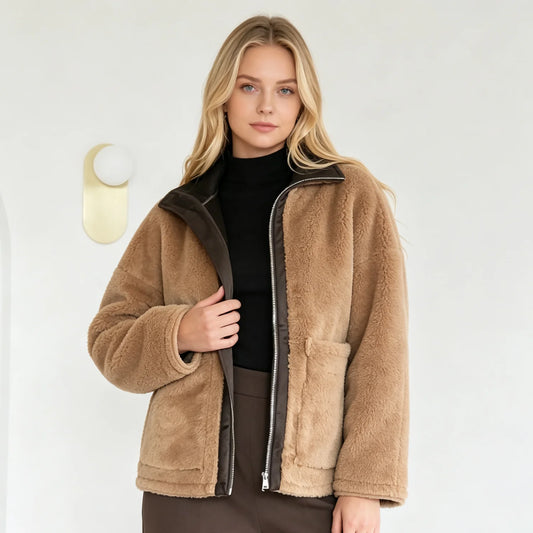 PUAL  2026 new fuzzy fleece zip up jacket, high collar, big pockets, warm casual short outerwear, cozy winter women plush coat
