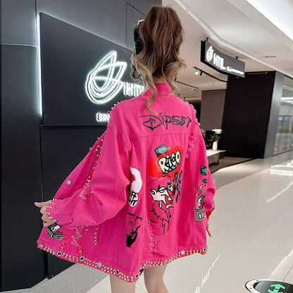 Women Graffiti Printed Rivets Denim Jacket Loose Holes Diamonds Jeans Coat Sequined Cowboy Ripped Streetwear Cardigan Ins Tops SS69