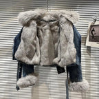 Winter Women Denim Coat Jacket Fox Collar Short  Warm High Street Outerwear Thicken Coat High Quality Luxury Design Party Wear