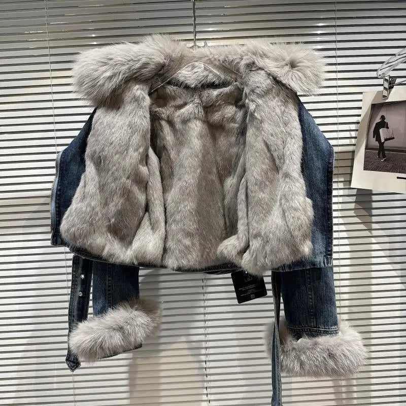 Winter Women Denim Coat Jacket Fox Collar Short  Warm High Street Outerwear Thicken Coat High Quality Luxury Design Party Wear