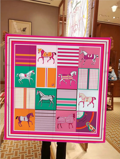90cm Classic Checkered Horse Brand Square Scarf Women Twill Silk Scarf Shawl Hijab Luxury Bandana Foulard Neckerchief Head Scarf SS69