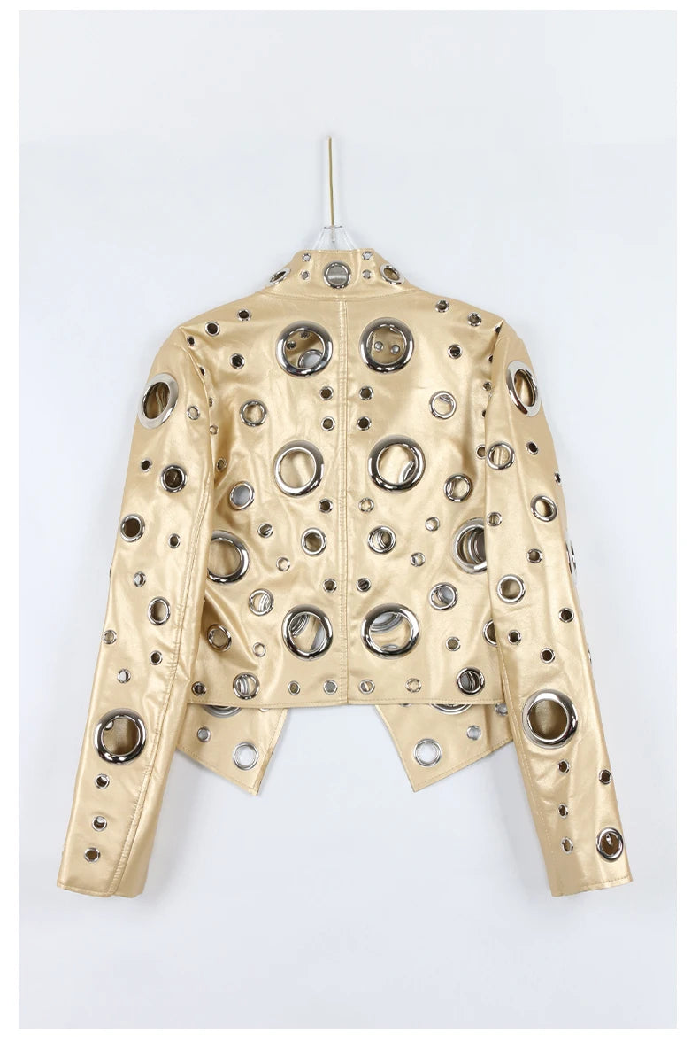 Nerazzurri Women's Faux Leather Jacket with Rivets & Hollow Out Detail