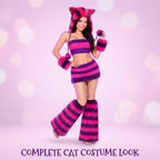 Halloween Cheshire Cat Cosplay Set Lady Furry Striped Cat Ear Hat Wrist Cuffs Leg Warmers Alice Themed Party Costume Accessories