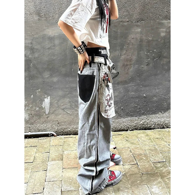 Women's Gothic Y2k Baggy Denim Jeans - Grey Distressed Wash