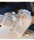 pink Sweet Winter Girls Lolita Mid-Calf Snow Boots,Cute Female Students Plush Warm Bowknots Lace Up Wedge Heel Heightening Shoes