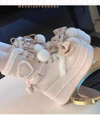 pink Sweet Winter Girls Lolita Mid-Calf Snow Boots,Cute Female Students Plush Warm Bowknots Lace Up Wedge Heel Heightening Shoes