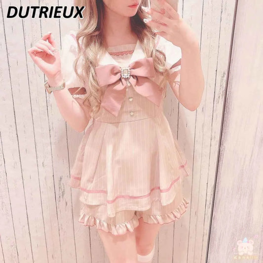 Japanese Style Women's Outfits Sailor Collar Plaid Rhinestone Bow Dress Shorts Set Sweet Lolita Mine Series Dress Two-Piece Suit