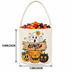 Custom Name Halloween Candy Bucket, Cute Ghost Pumpkin Black Cat Design Trick or Treat Pail, Kids Halloween Party Candy Basket