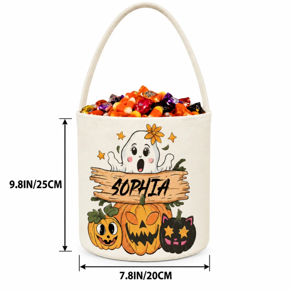 Custom Name Halloween Candy Bucket, Cute Ghost Pumpkin Black Cat Design Trick or Treat Pail, Kids Halloween Party Candy Basket