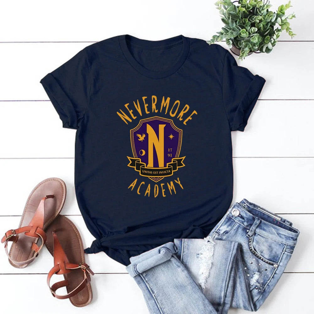 TV Series Addams Wednesday Family T-shirt Nevermore Academy Shirt Wednesday Addams Jenna Ortega Shirt Cool Goth Short Sleeve Tee SS69 24.69 Navy Blue / XXXL