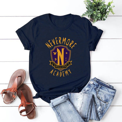 TV Series Addams Wednesday Family T-shirt Nevermore Academy Shirt Wednesday Addams Jenna Ortega Shirt Cool Goth Short Sleeve Tee SS69 24.69 Navy Blue / XXXL