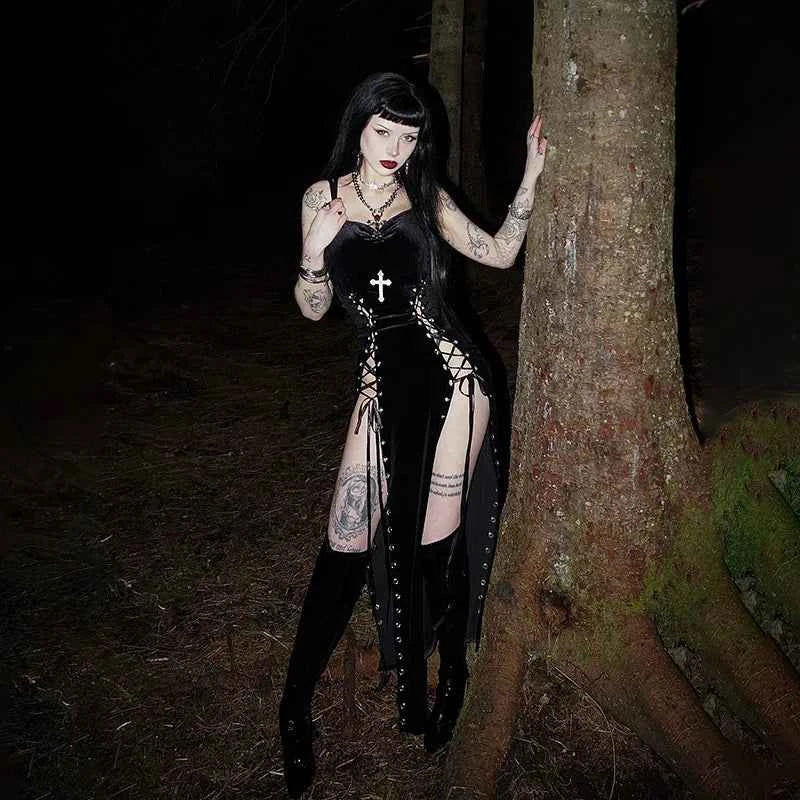 Punk Grunge High Split Hem Straps Dess 90s Streetwear Gown Women Sexy Corn Bandage Velvet Dresses Mall Gothic Clothing
