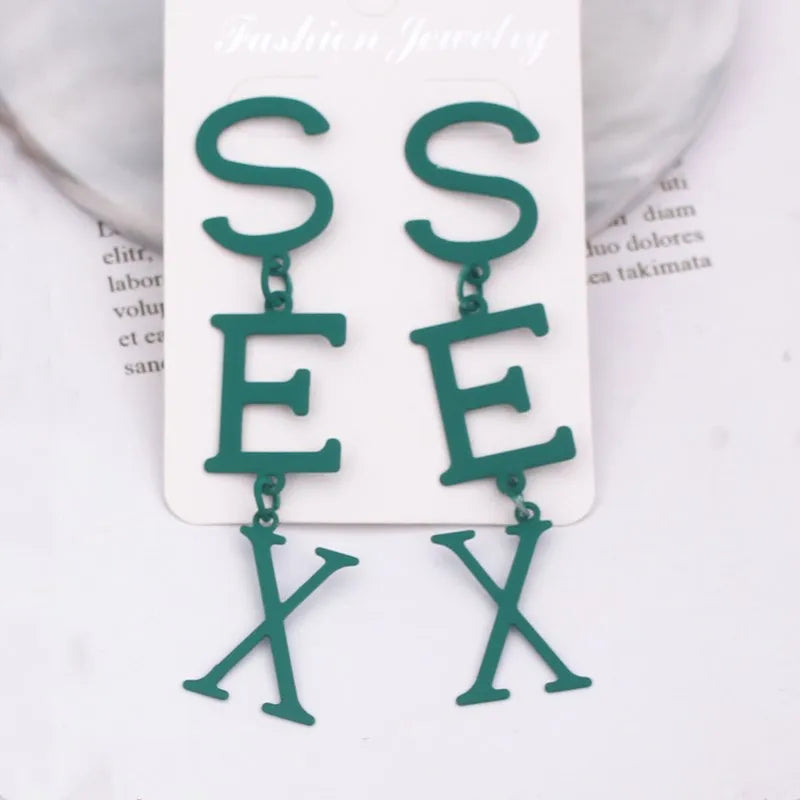 Punk Letter SEX Shape Dangle Earrings for Women Vintage European Metal Drop Earrings Golden Silver Color Black Red Green Jewelry SS69 5.69 ES1266 / other