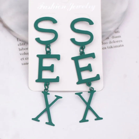 Punk Letter SEX Shape Dangle Earrings for Women Vintage European Metal Drop Earrings Golden Silver Color Black Red Green Jewelry SS69 5.69 ES1266 / other