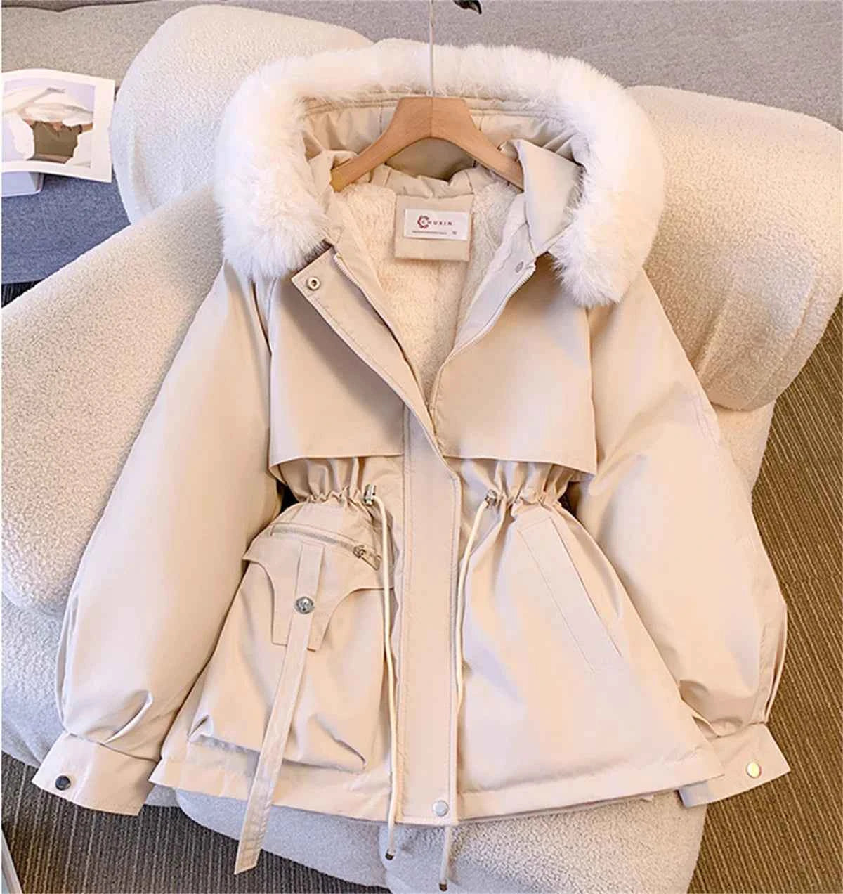 Women Autumn Winter Fashion Coats Korean Hooded Drawstring Padded Jackets Solid Female Casual Street Outfit Coat Zip Up Parkas