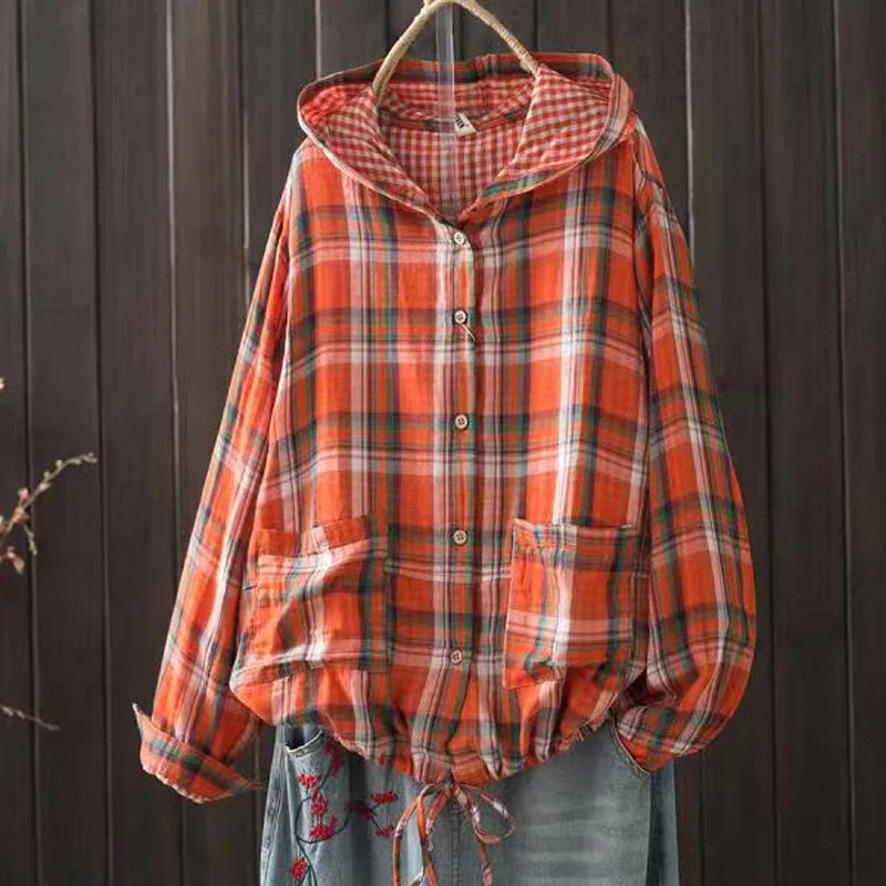 Large size blouses for women autumn spring hooded long sleeve single-breasted plaid shirts oversized shirt top female hoodies