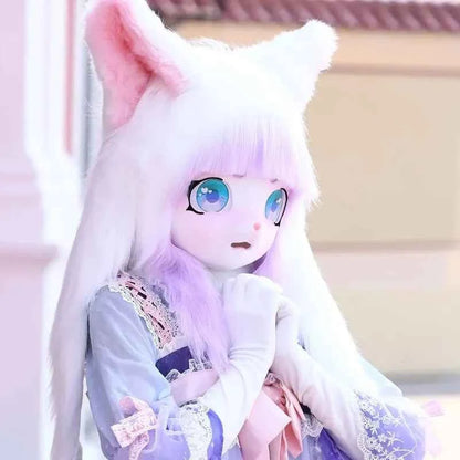 Kig Furry Mask Plastic Headbase for Cosplay with white fur, purple hair, and large blue anime eyes.