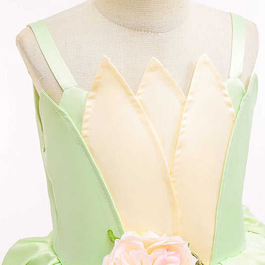 2024 Fancy Princess and Frog Story Cosplay Kid Princess Ball Gown off Shoulder Tiana Deluxe Royal Frock Girls Prom Party Costume