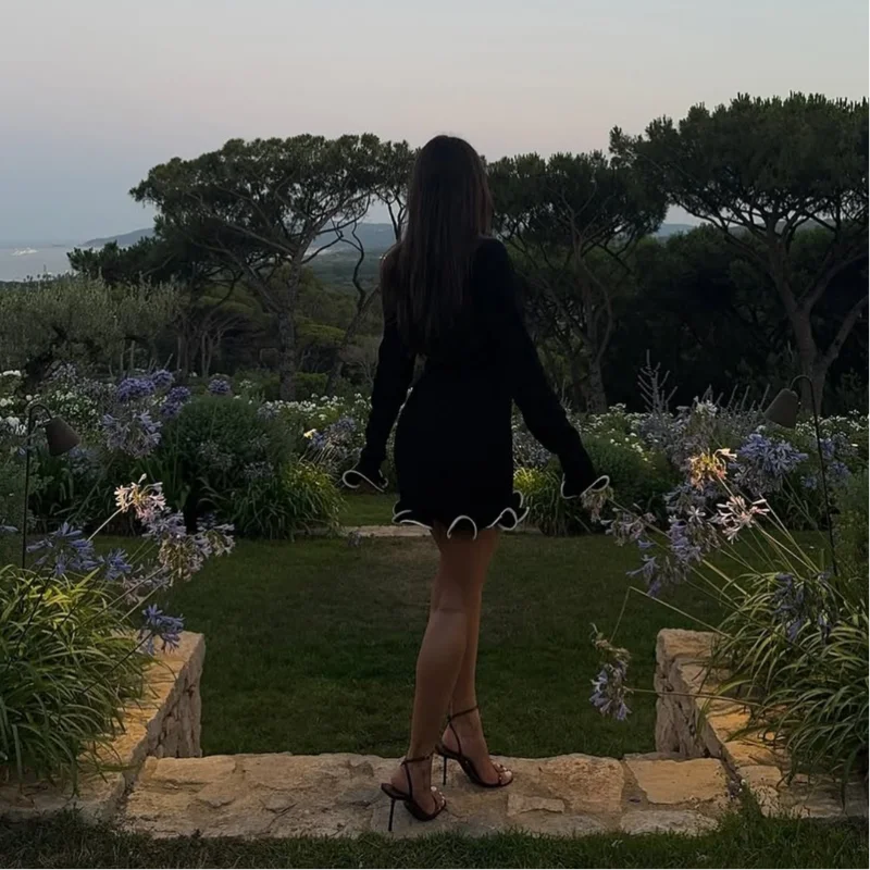 Women Fashion Solid Ruffles Hem Mini Dress Elegant Long Sleeve High Waist Slim Dresses 2025 Summer Vocation Street Vestidos SS69