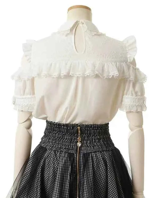 Japanese Mine Off-Shoulder Pearl Collar Cute Sweet Big Bow Shirt Skirt Outfit Women Summer New Lolita Short-Sleeved Shirt Skirts