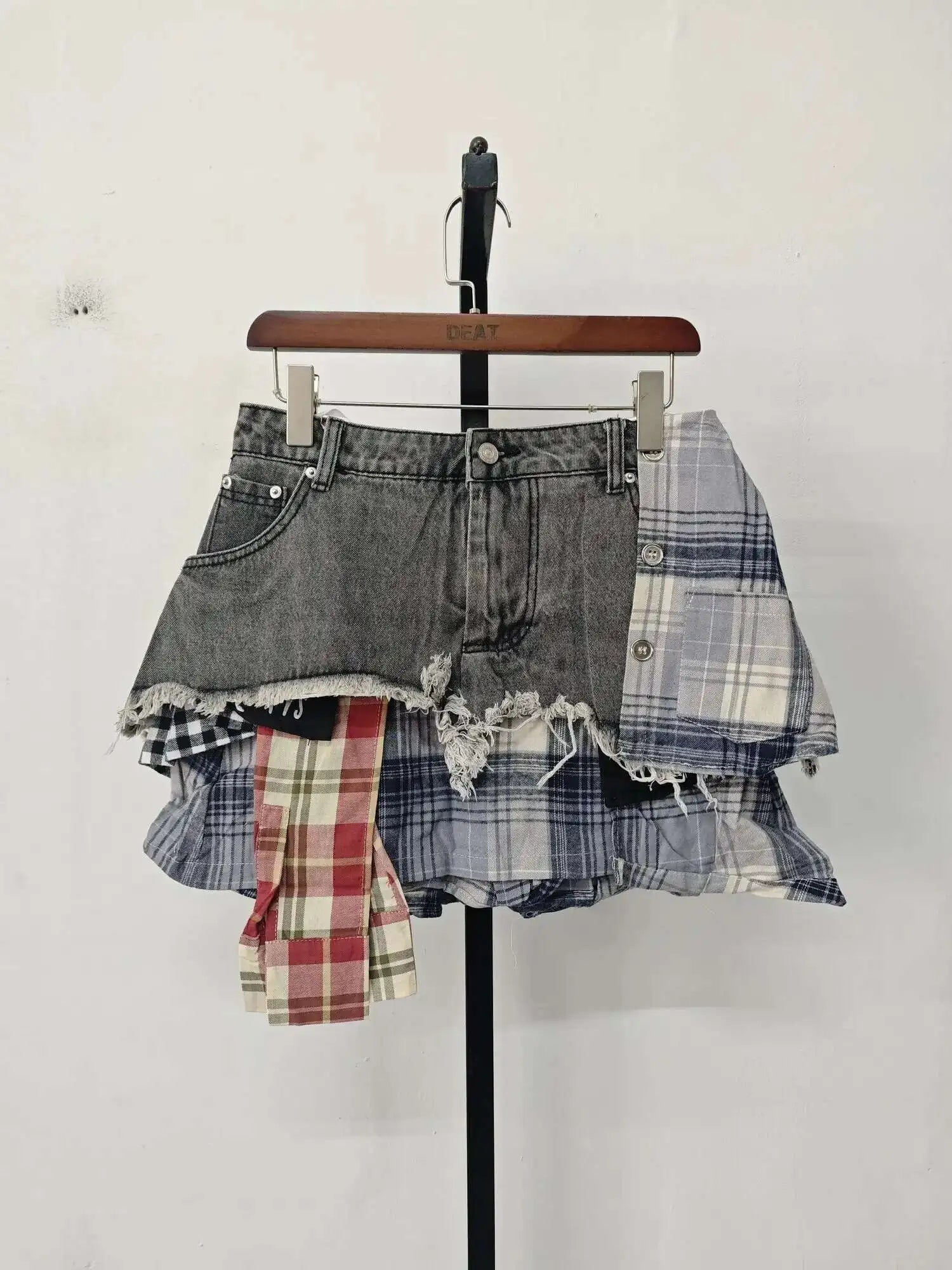 DEAT Women's Denim Skirt Colored Plaid Patchwork Irregular Deconstructed A-line High Waist Mini Skirt 2025 Summer New Fashion SS69 39.69 grey / S