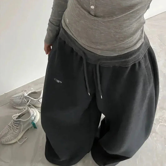 BiggOrange Women's High-Waist Oversized Hip-Hop Sweatpants, Black Wide-Leg