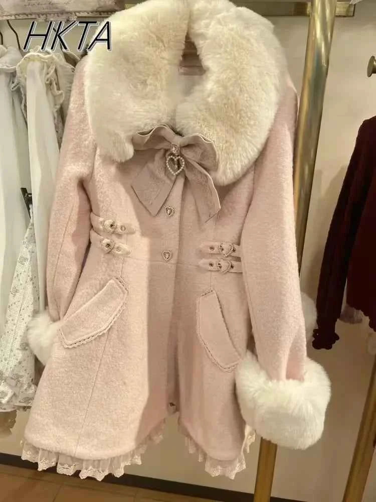 Japanese Sweet Cute Bow Pink Woolen Coat Winter New Versatile Lolita Girls Lace Love Warm Long Overcoat Liz Coat Women Clothes