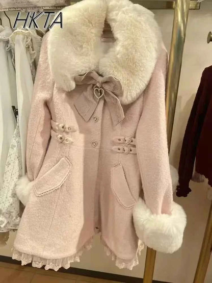 Japanese Sweet Cute Bow Pink Woolen Coat Winter New Versatile Lolita Girls Lace Love Warm Long Overcoat Liz Coat Women Clothes