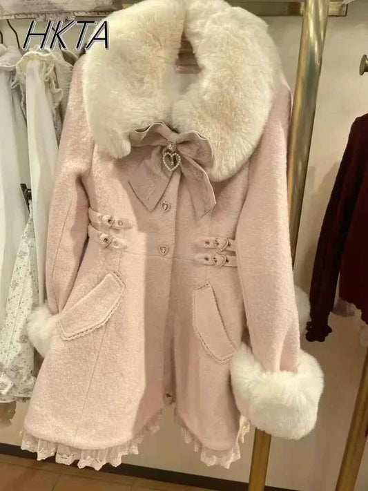 Japanese Sweet Cute Bow Pink Woolen Coat Winter New Versatile Lolita Girls Lace Love Warm Long Overcoat Liz Coat Women Clothes