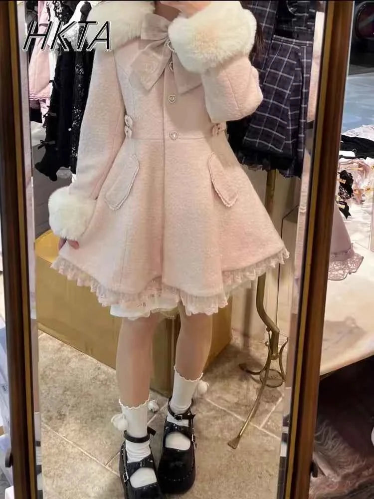 Japanese Sweet Cute Bow Pink Woolen Coat Winter New Versatile Lolita Girls Lace Love Warm Long Overcoat Liz Coat Women Clothes