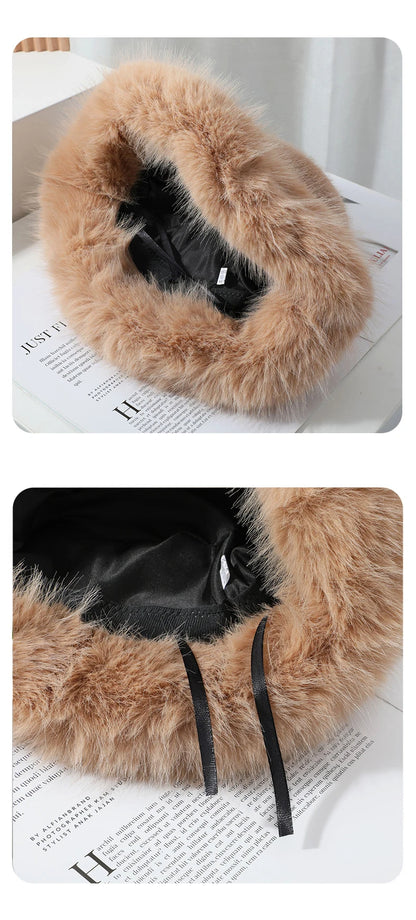 2025 Fluffy Faux Fur Bucket Hats Women Rabbit Fur Warm Thick Plush Winter Hat Lady Fashion Luxury Panama Furry Fisherman Cap Y2k